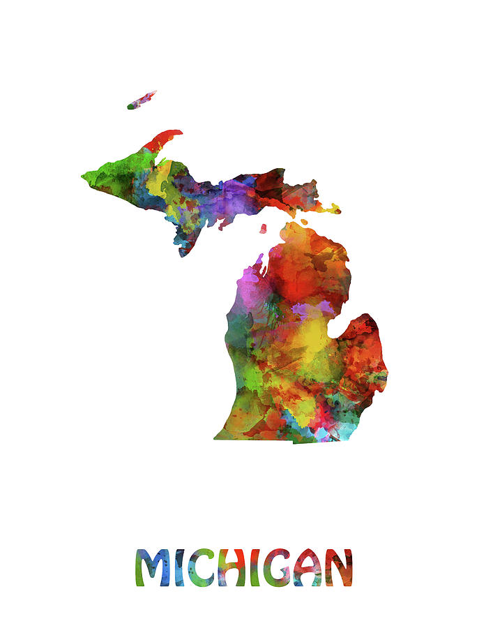 Multicolor Watercolor Michigan state Map, digital Artwork, USA