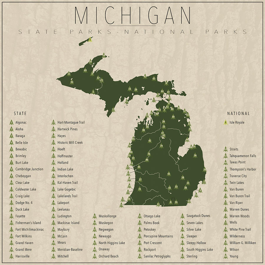Michigan Map Digital Art - Michigan Parks by Finlay McNevin