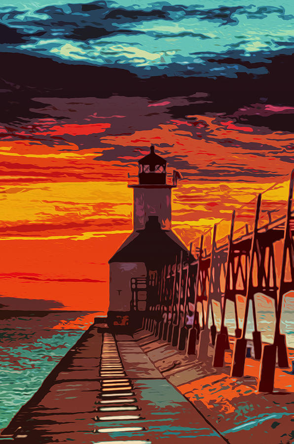 Sunset Painting - Michigan - St Joseph lighthouse by AM FineArtPrints