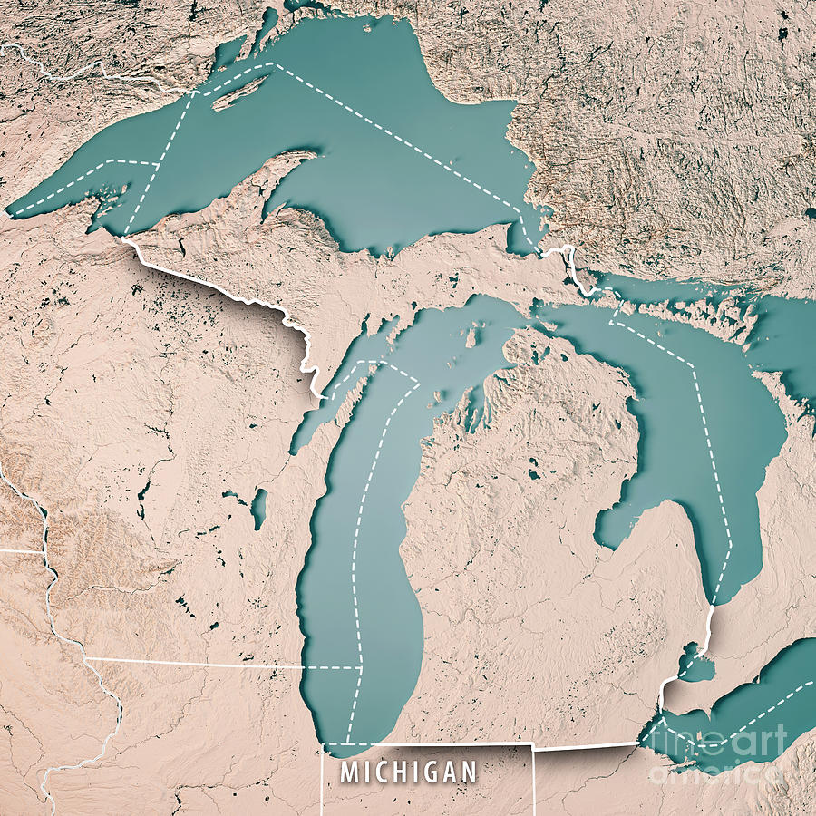Lake Michigan Digital Art - Michigan State USA 3D Render Topographic Map Neutral Border by Frank Ramspott