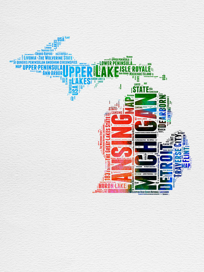 Michigan Map Digital Art - Michigan Watercolor Word Cloud by Naxart Studio