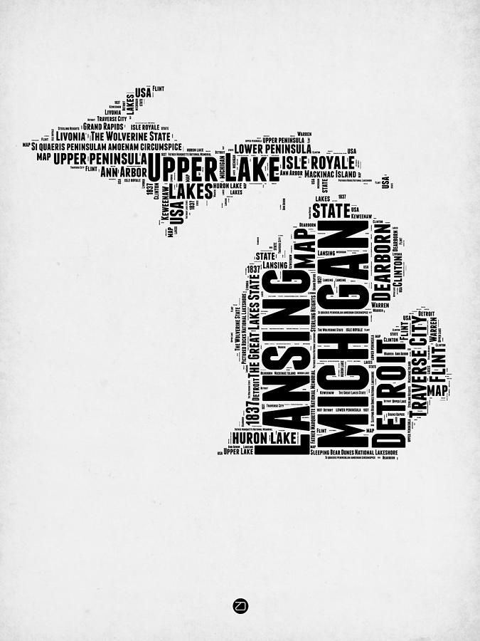 Michigan Map Digital Art - Michigan Word Cloud Map 2 by Naxart Studio