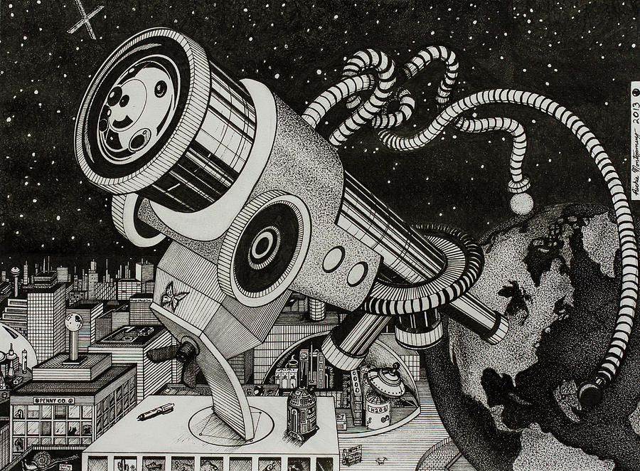 Coffee Drawing - Microscope or Telescope by Richie Montgomery