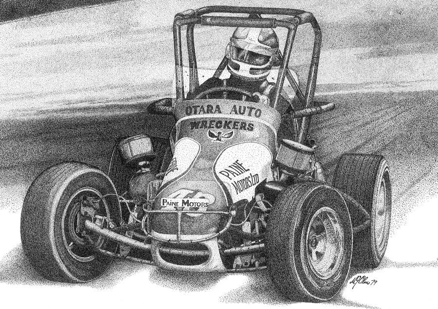 Racecar Drawing - Midget Car Pointillism Drawing by Mike Oliver