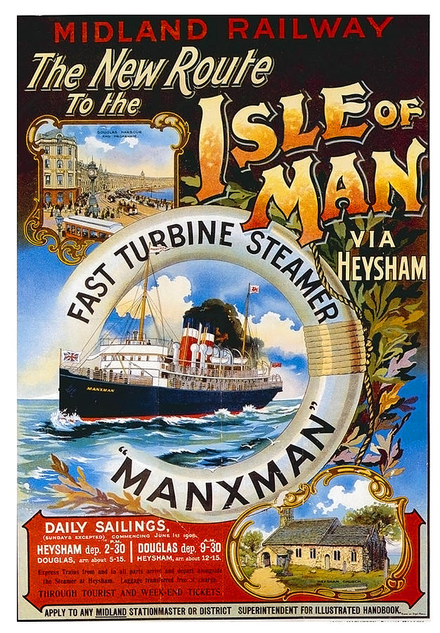 Midland railway, steam boat, Isle of man, poster Painting by Long Shot