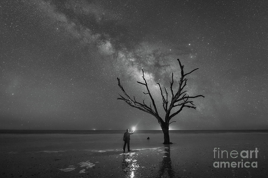 Midnight Explorer At Botany Bay Beach BW Photograph by Michael Ver Sprill
