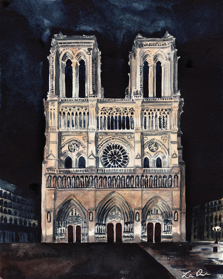 Midnight in Paris at Notre Dame Cathedral France Painting by Laura Row