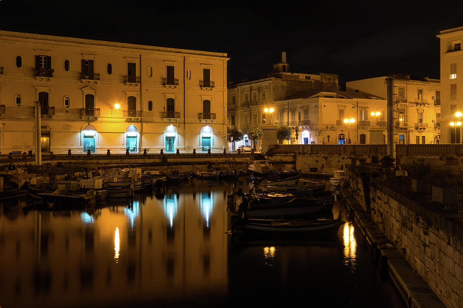 Midnight Silence and Solitude - Syracuse Sicily Illuminated Waterfront Photograph by Georgia Mizuleva