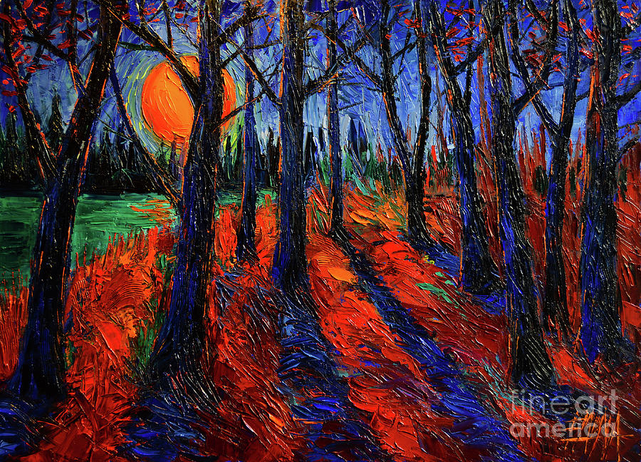 MIDNIGHT SUN WOOD modern impressionist palette knife oil painting by Mona Edulesco Painting by Mona Edulesco