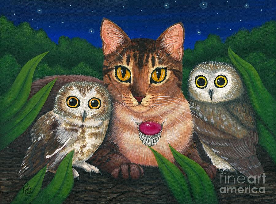 Cat Painting - Midnight Watching - Abyssinian Cat Saw Whet Owls by Carrie Hawks
