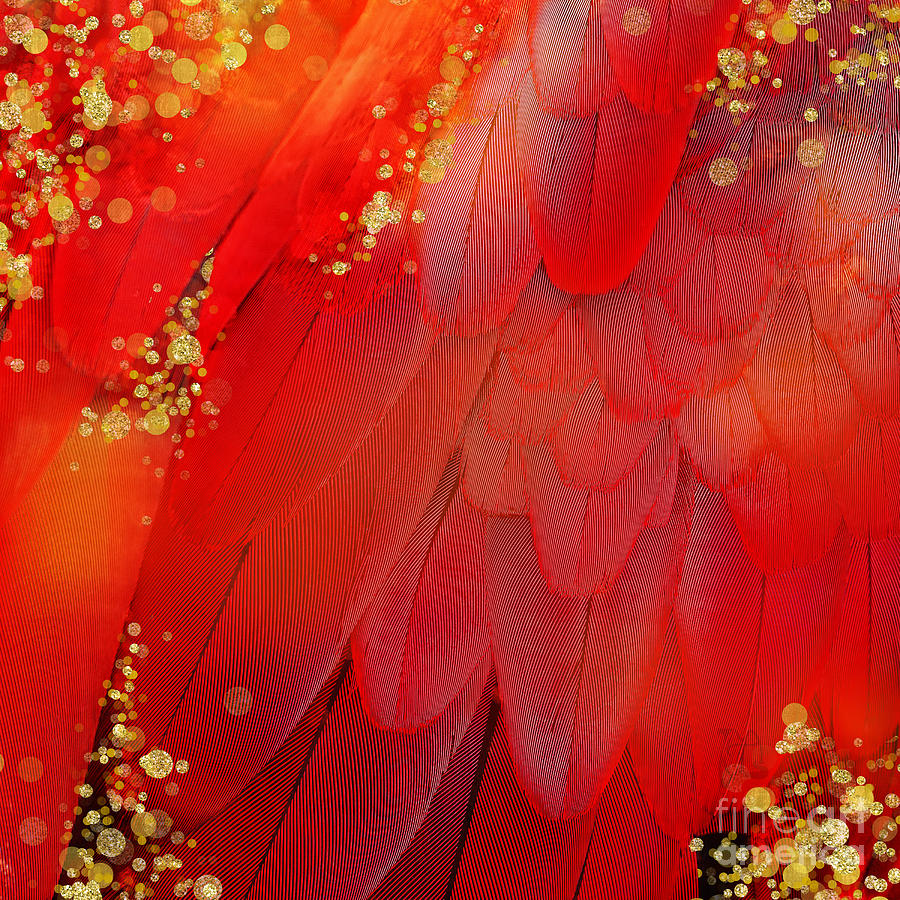 MidSummer Magik Fantasy abstract Red feathers, gold sparkles by Tina Lavoie