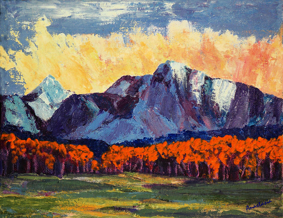 Milagro Clouds Over Truchas Peaks  Early Autumn I Painting by Anastasia Savage Ealy