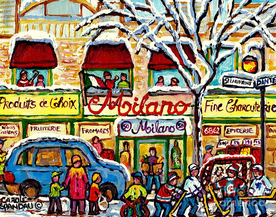 Milano Grocery Little Italy Paintings Dante Street Hockey Art Montreal Winter Scene Carole Spandau   Painting by Carole Spandau