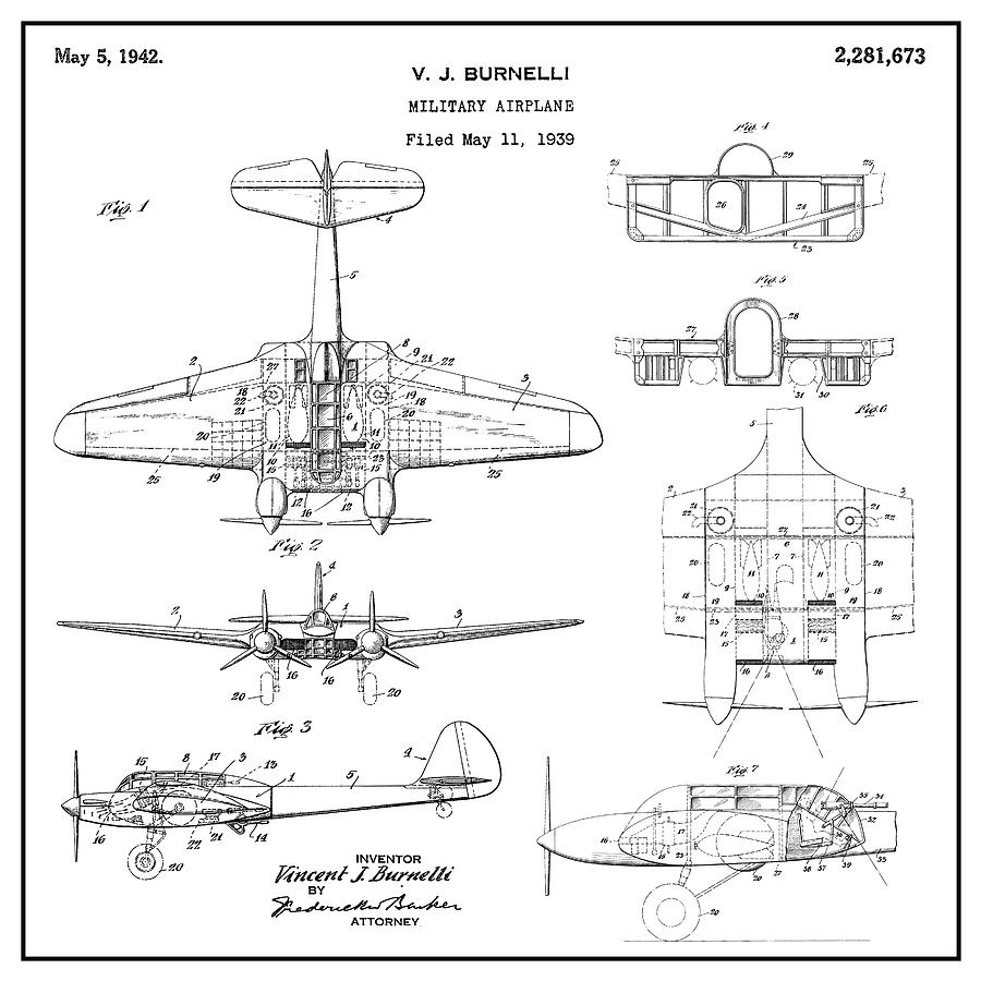 Vintage Digital Art - Military Airplane - Patent Drawing for the 1939 V. J. Burnelli Military Airplane by SP JE Art