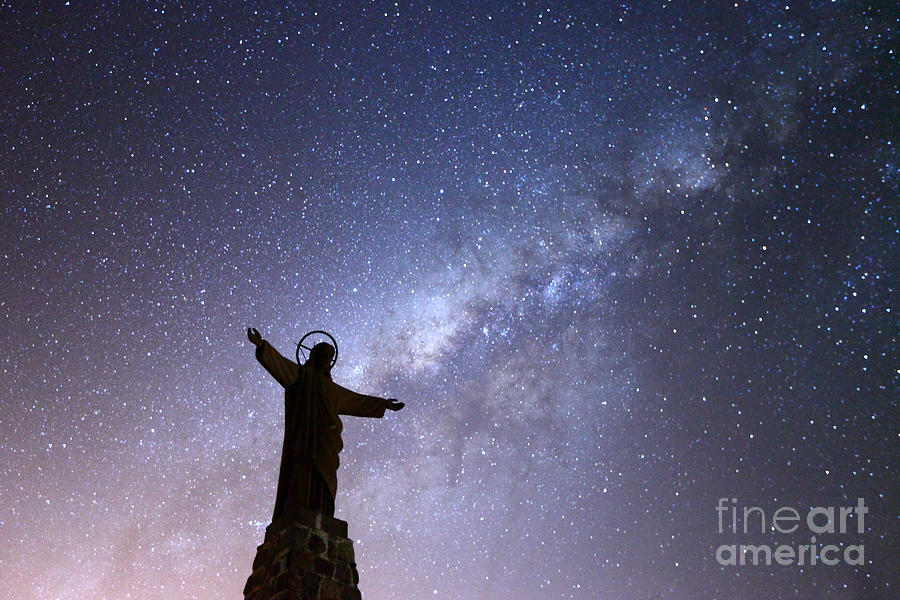 Jesus Christ Photograph - Milky Way and Jesus Christ Statue by James Brunker