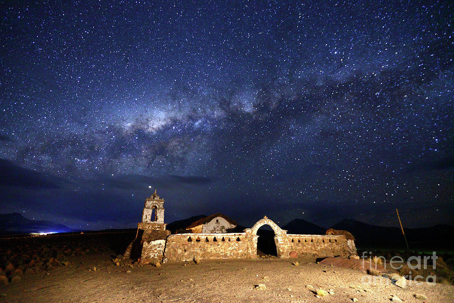 Milky Way and Lagunas church Bolivia Photograph by James Brunker