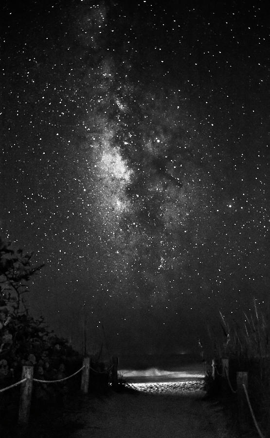 Milky Way Over Beach Access In Black and White Photograph by Greg and Chrystal Mimbs