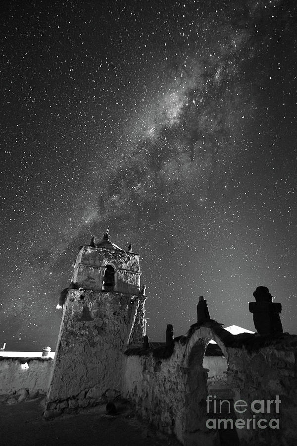 Milky Way over Parinacota Church in Black and White Chile Photograph by James Brunker