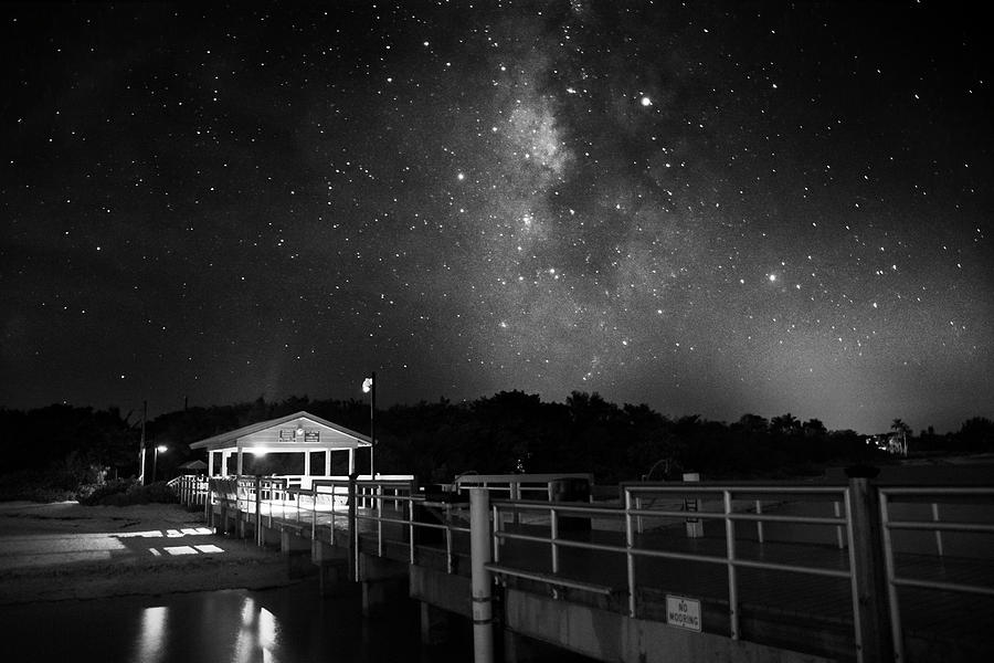 Milky Way Over The Sanibel Pier In Black And White Photograph by Greg and Chrystal Mimbs