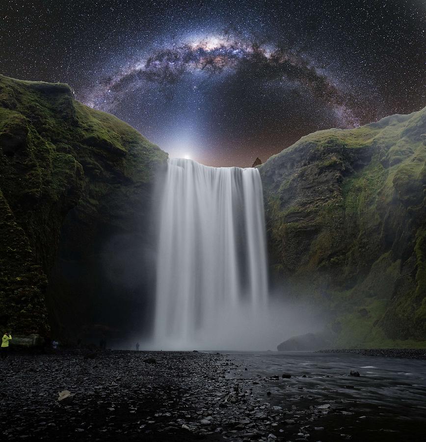 Milkyway Arch over Raging Waterfall by Adam Asar 3aa Painting by Celestial Images