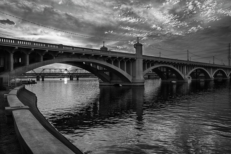 Mill Avenue Bridge at Sunset Black and White Photograph by Dave Dilli