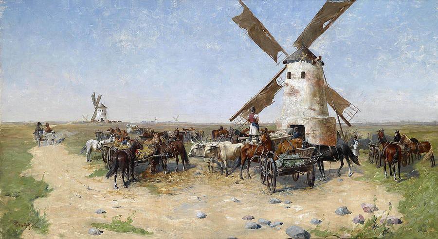 Mill in an Open Landscape on the Puszta Painting by Laszlo Pataky von Sospatak