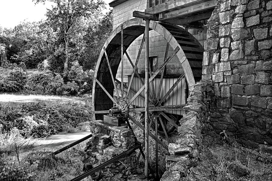 Greensboro Photograph - Mill of Guilford Water Wheel in BW by Selena Lorraine