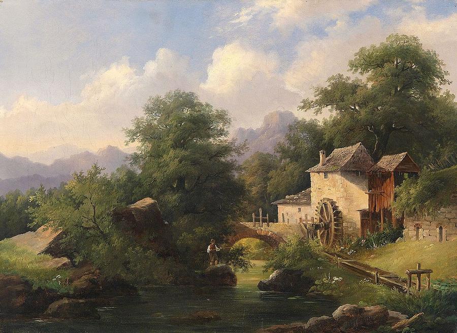 Mill With Angler Painting