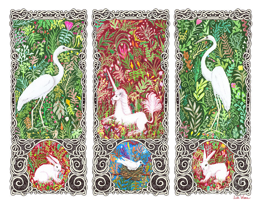 Millefleurs Triptych with Unicorn, Cranes, Rabbits and Dove Drawing by Lise Winne