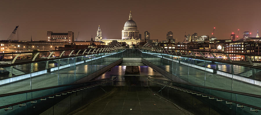 Millennium Bridge and St Pauls Cathedral at night  Photograph by Chris Smith