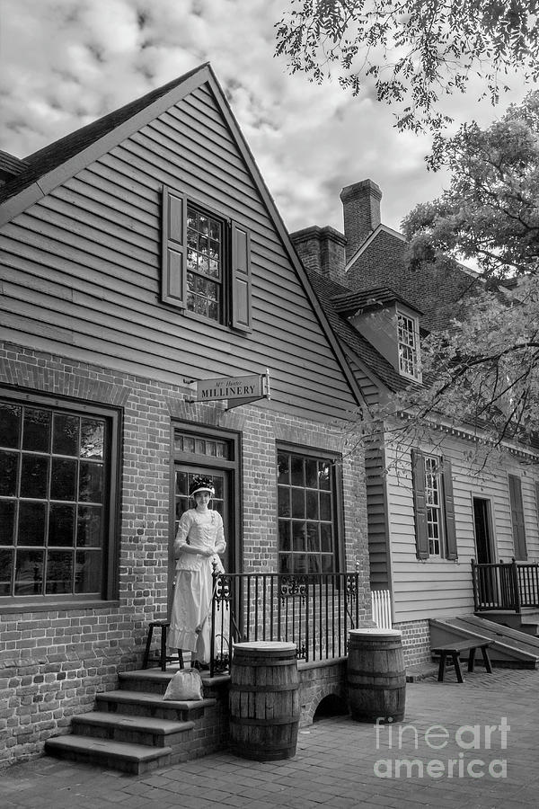 Millinery Shopkeeper Colonial Williamsburg Virginia B and W Photograph by Karen Jorstad