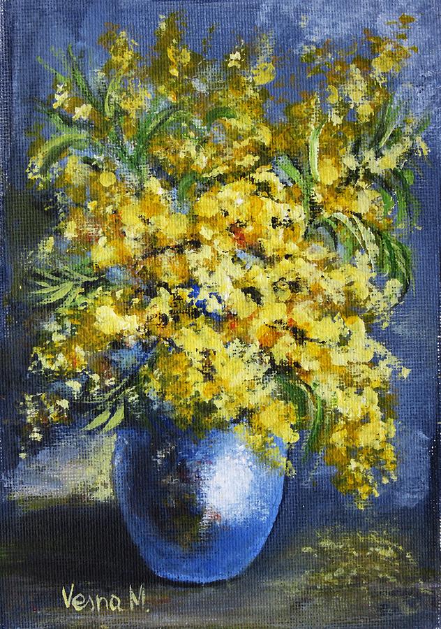 Mimosa In A Blue Vase Painting by Vesna Martinjak