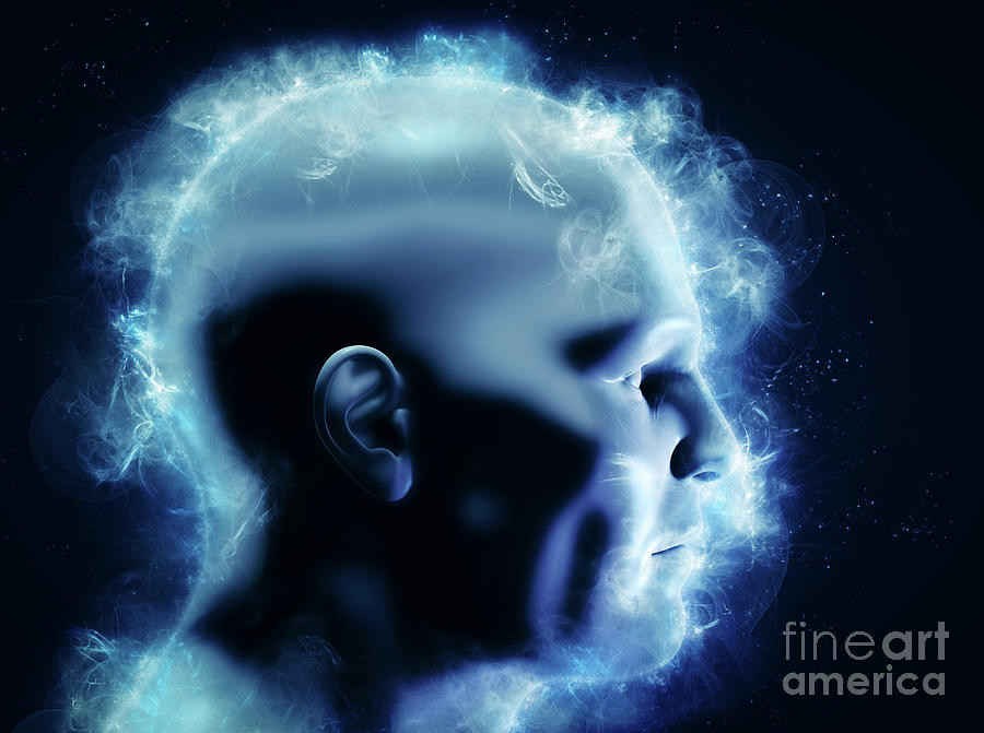 Abstract Photograph - Mind, brain power and energy concept. 3D human head with glowing abstract shapes by Michal Bednarek