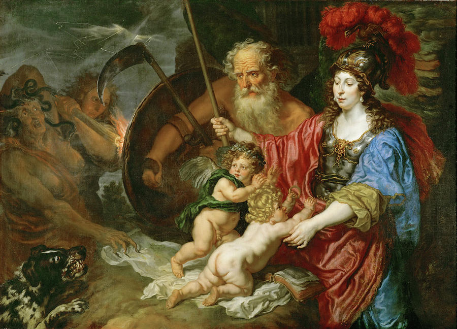 Joachim Von Sandrart Painting - Minerva and Saturn Protecting Art and Science from Envy and Lies  by Joachim von Sandrart