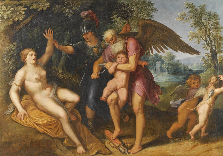Minerva and Time Clipping Cupids Wings Painting by Flemish School