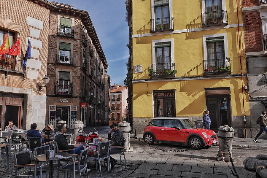 Coffee Photograph - Mini, Madrid, and Coffee on the Plaza by Steffani Cameron
