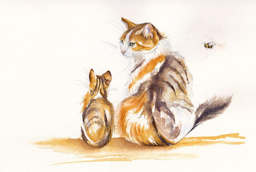 Cat Painting - Mini-Me and Bumble Bee by Debra Hall