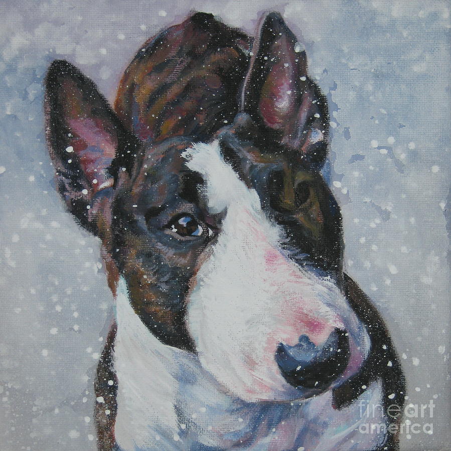 Winter Painting - Miniature Bull Terrier in snow by Lee Ann Shepard