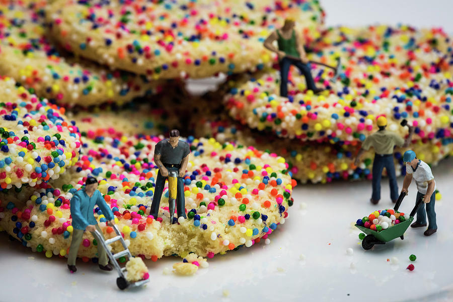 Miniature Construction Workers on Sprinkle Cookies Photograph by Tammy Ray