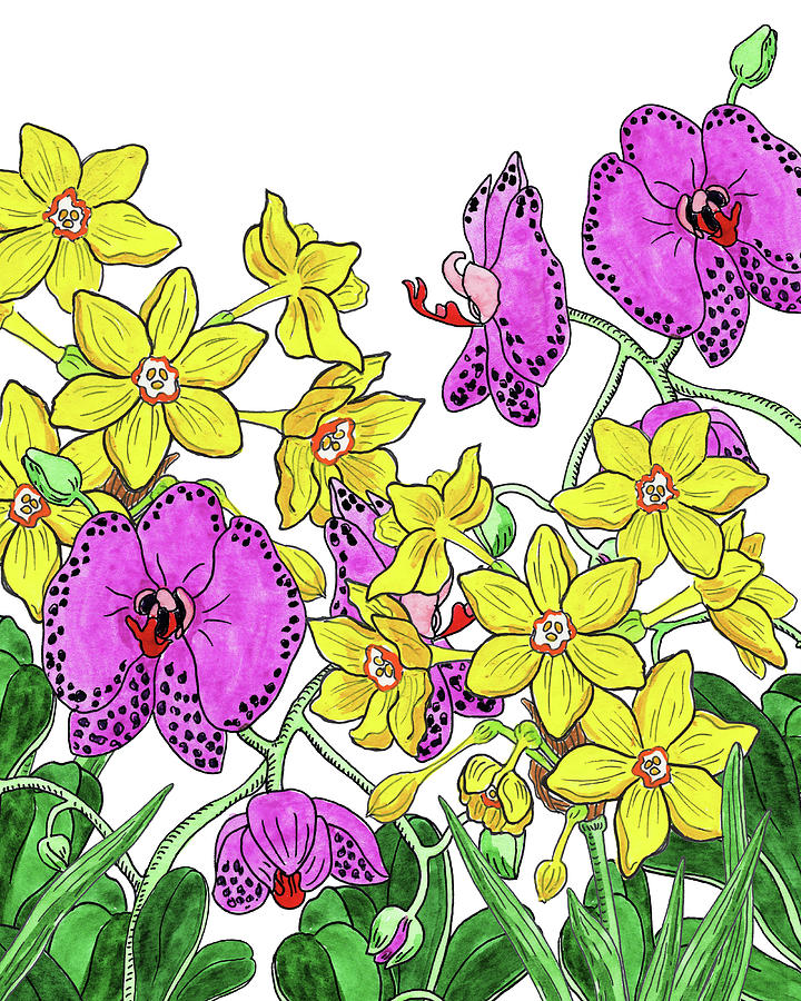 Miniature Daffodils And Orchids Watercolor Painting by Irina Sztukowski