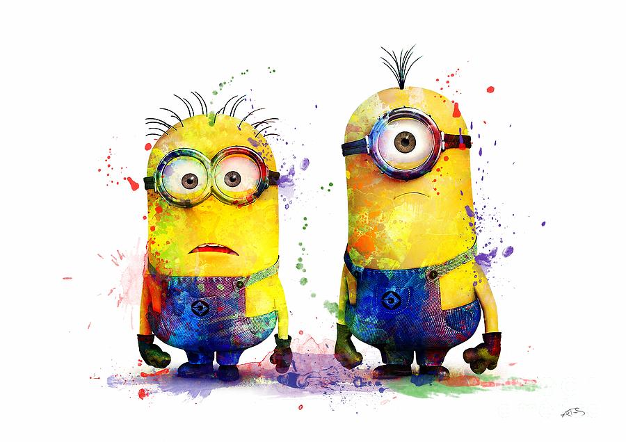 Two Minions Artwork Colorful Watercolor Gift Digital Art by White Lotus