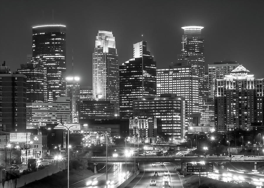 Minneapolis city skyline at night Photograph by Jim Hughes