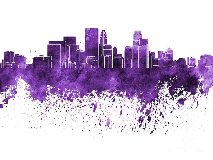 Minneapolis Skyline In Purple Watercolor On White Background Painting By Pablo Romero