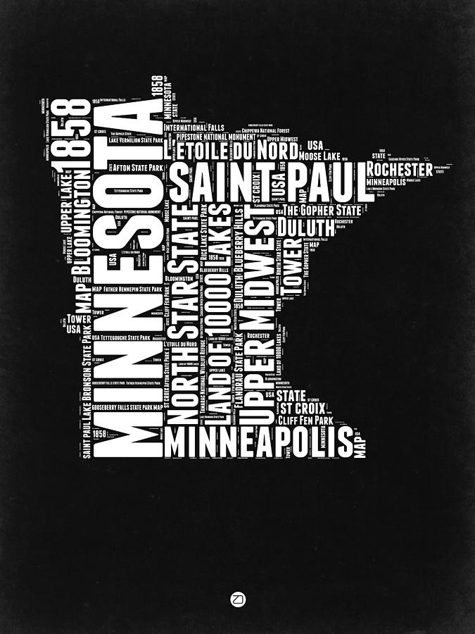 Independence Day Digital Art - Minnesota Black and White Word cloud Map by Naxart Studio