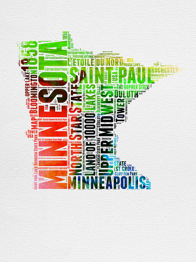 Minnesota Map Digital Art - Minnesota Watercolor Word Cloud Map  by Naxart Studio