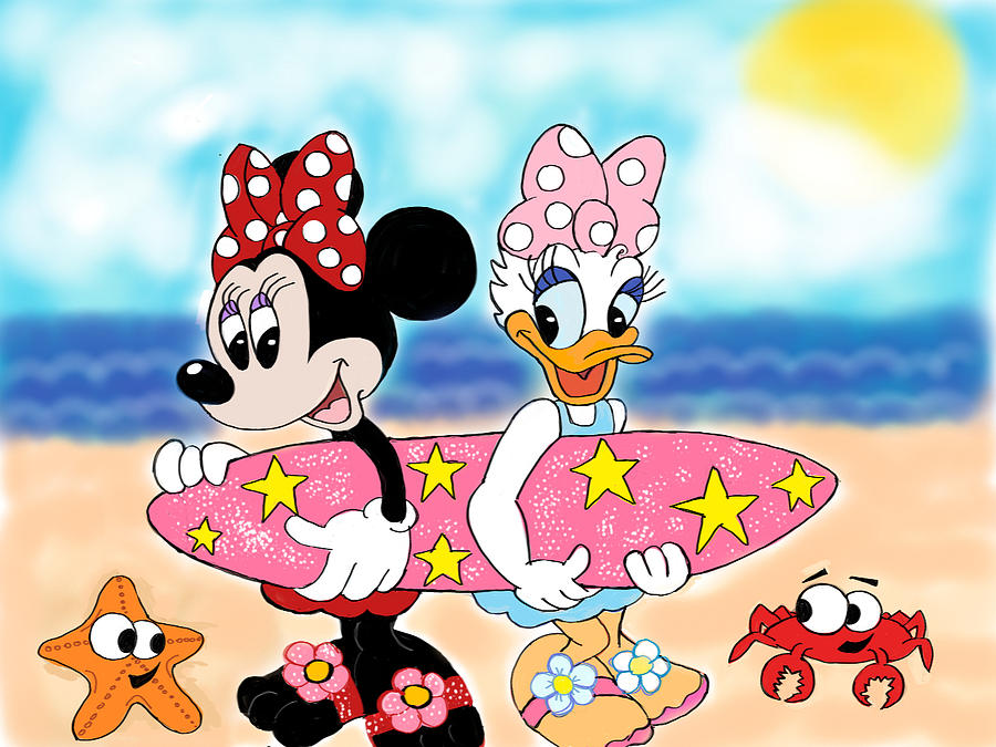 Disney Drawing - Minnie mouse and daisy duck surfing at the beach by Jacque...