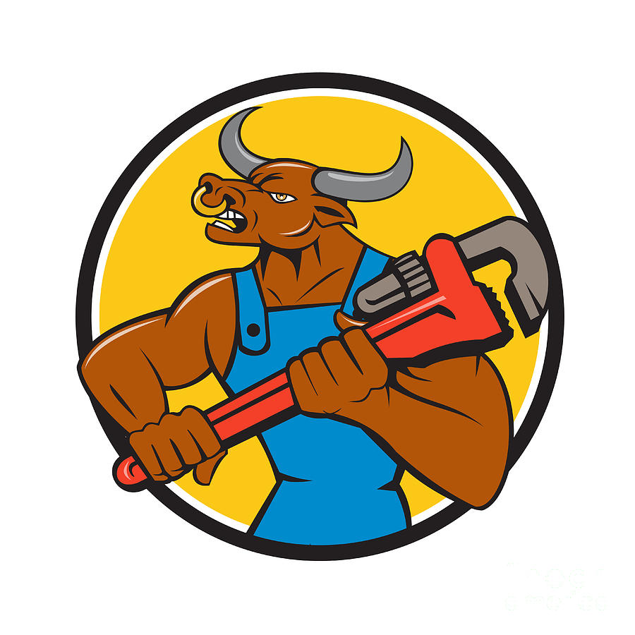 Minotaur Bull Plumber Wrench Circle Cartoon Digital Art by Aloysius ...