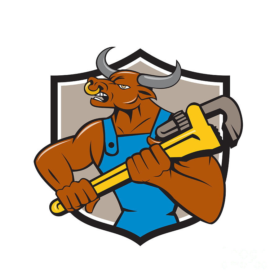 Minotaur Bull Plumber Wrench Crest Cartoon Digital Art by Aloysius ...