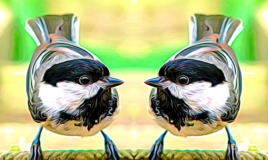 Mirrored Bird Series Chickadees Expressionist Effect Mixed Media by Rose Santuci-Sofranko