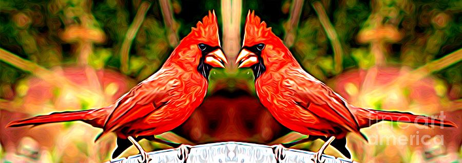 Mirrored Bird Series Male Northern Cardinals Expressionist Effect Mixed Media by Rose Santuci-Sofranko
